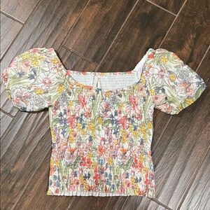 Anthropologie Aurelia Smocked Top Floral Cream
